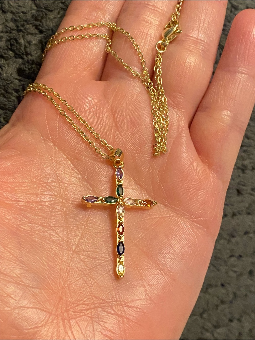 Gold Plated Multicolor Gemstone Cross Pendant Necklace